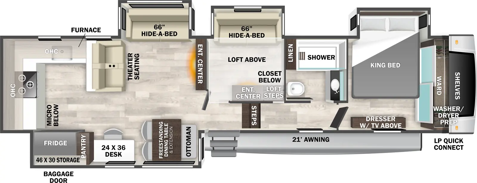 The Cedar Creek Experience 39RKB floorplan has one entry and four slide outs. Exterior features include: fiberglass exterior and 21' awning. Interiors features include: loft, rear kitchen, free-standing dinette option and front bedroom.